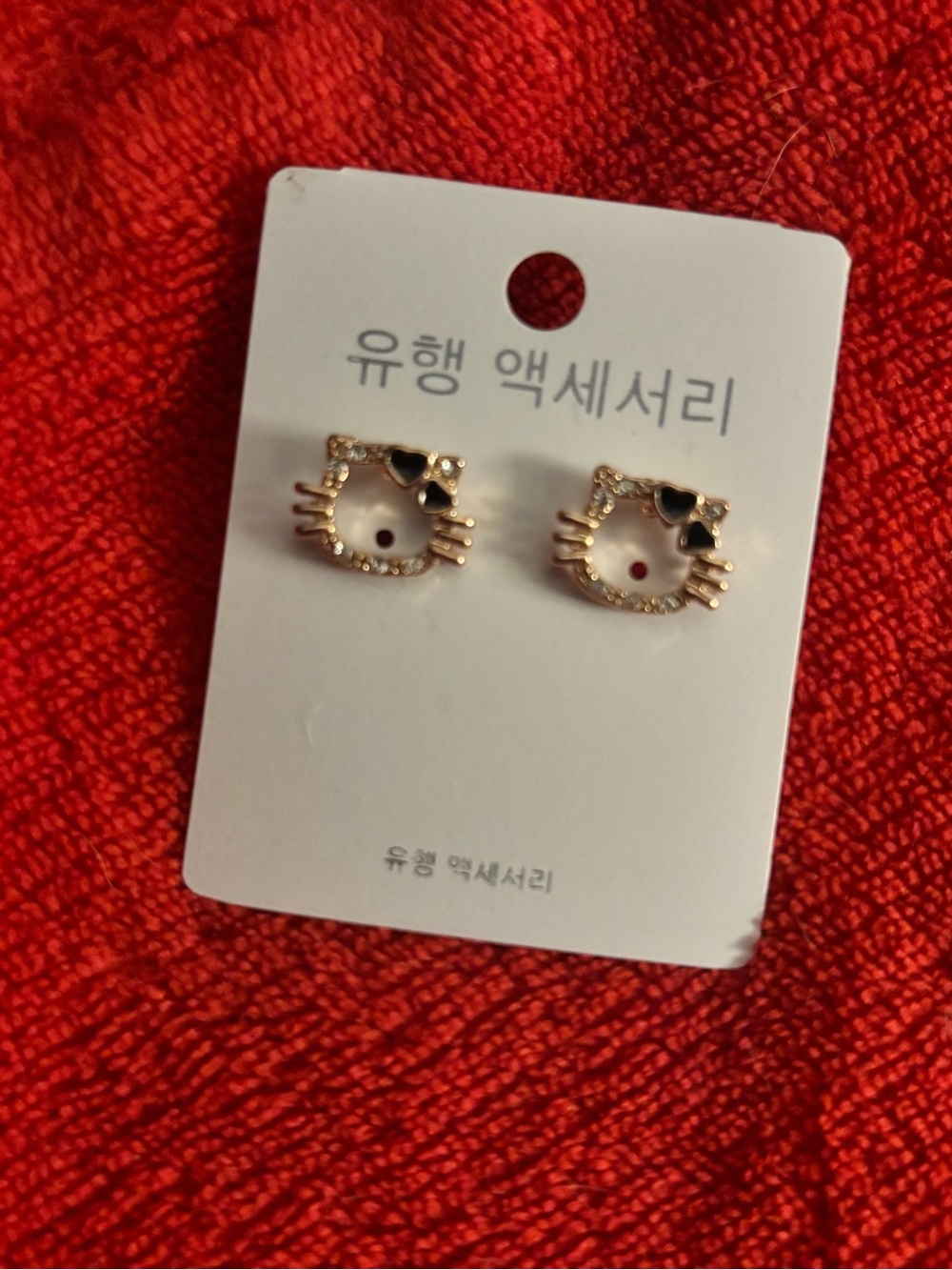 Gold-tone Cat Face Crystal Stud Earrings with Black Accent